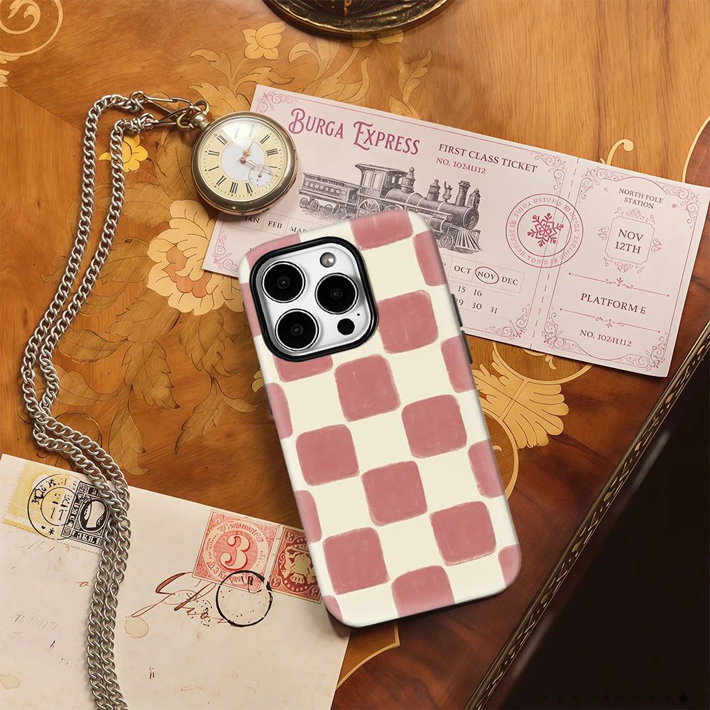 Blush Check Textured Phone Case for IPhone 17AIR 16E 16 15 14 13 12 11 17 Pro Max Plus Double-layer Back Cover