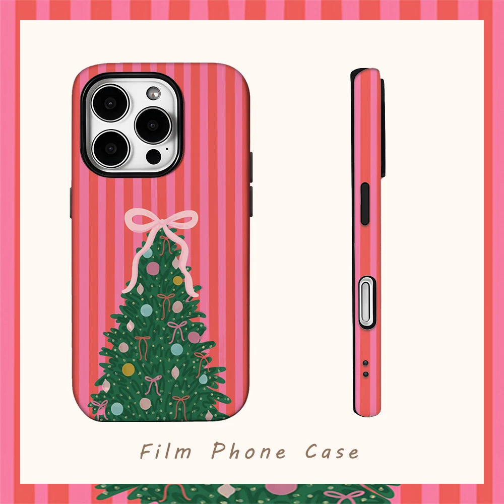 Red Striped Christmas Tree Phone Case for IPhone 16 15 14 13 12 11 X XS XR XSMAX 7 8 Pro Max Plus Double-layer Back Cover