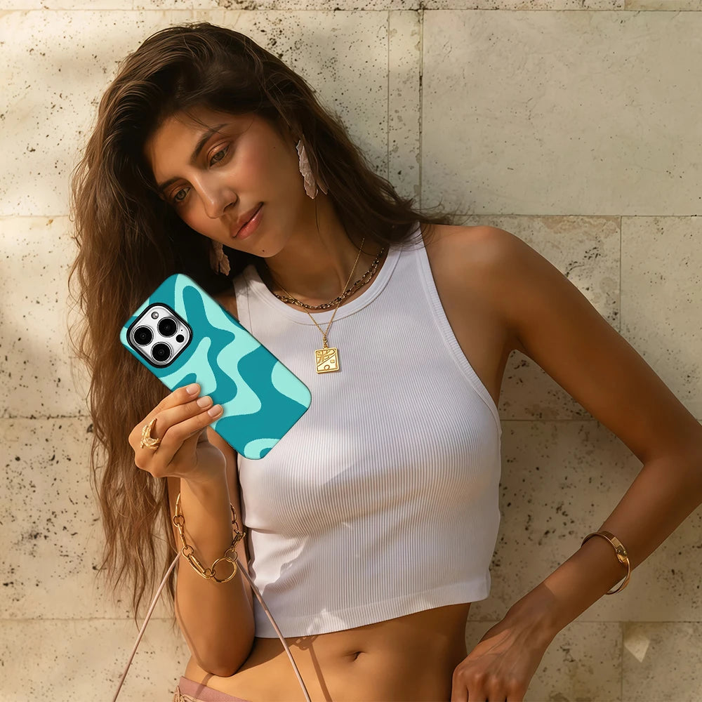 Blue Green Wave Pattern Phone Case for IPhone 16 15 14 13 12 11 X XS XR XSMAX 7 8 Pro Max Plus Double-layer Back Cover