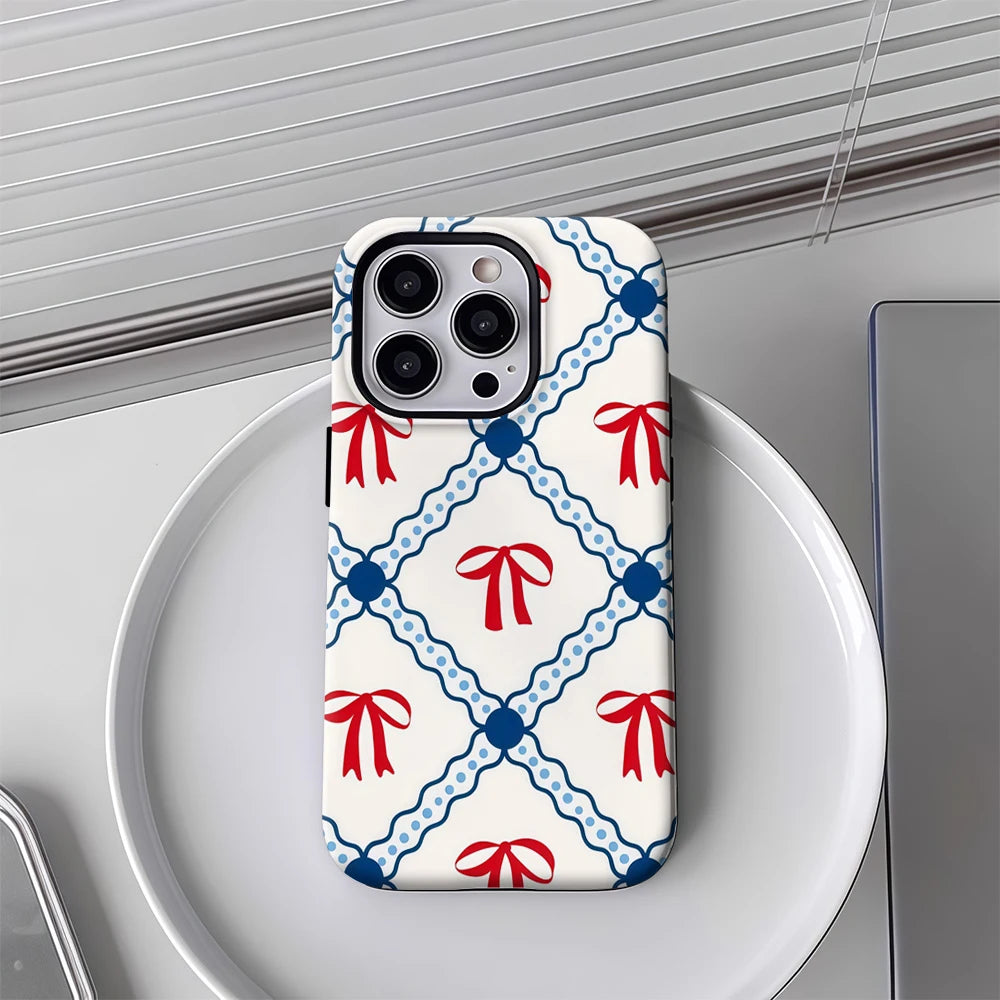 Red and Blue Bow Checkerboard IPhone17 Must-Haves Phone Case for IPhone 17 16 15 14 13 12 Pro Max Plus Double-layer Back Cover