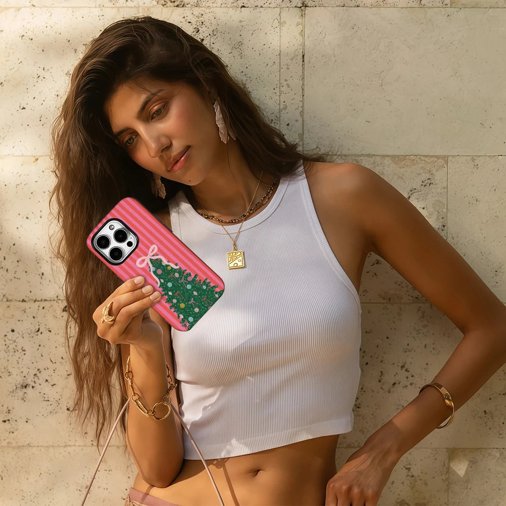 Red Striped Christmas Tree Phone Case for IPhone 16 15 14 13 12 11 X XS XR XSMAX 7 8 Pro Max Plus Double-layer Back Cover