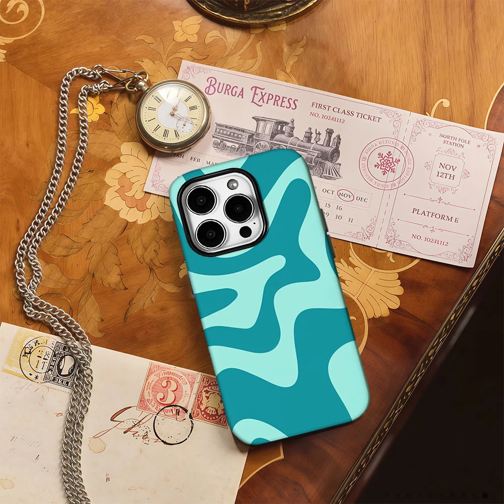 Blue Green Wave Pattern Phone Case for IPhone 16 15 14 13 12 11 X XS XR XSMAX 7 8 Pro Max Plus Double-layer Back Cover