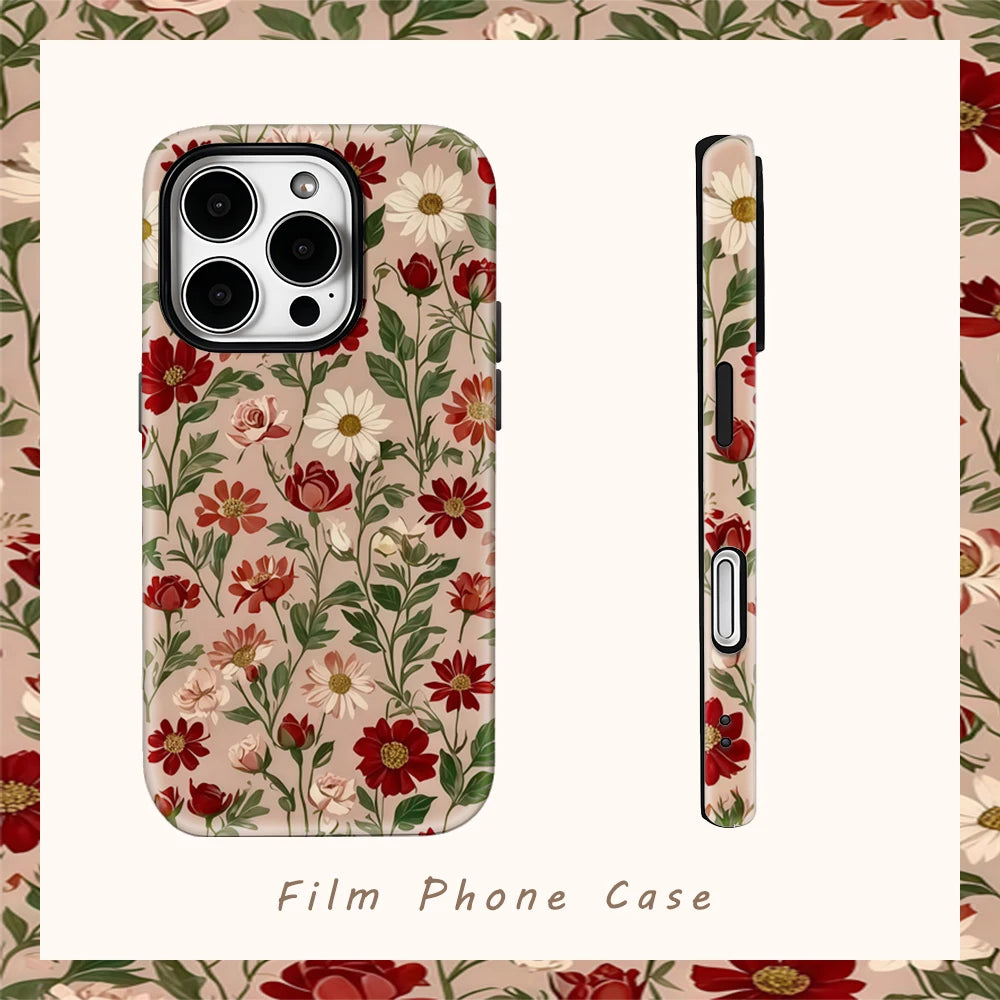 Red Flowers Retro Phone Case for IPhone 16 15 14 13 12 11 X XS XR XSMAX 7 8 Pro Max Plus Double-layer Back Cover