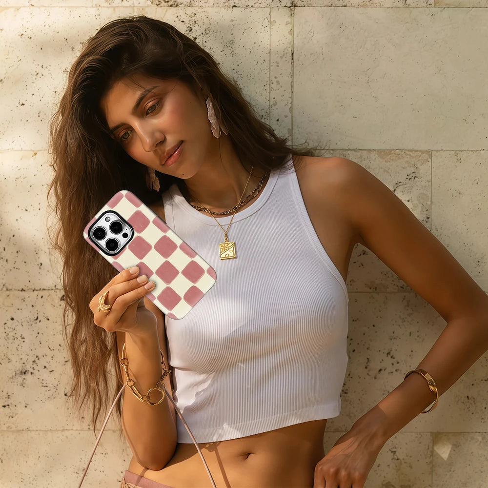 Blush Check Textured Phone Case for IPhone 17AIR 16E 16 15 14 13 12 11 17 Pro Max Plus Double-layer Back Cover