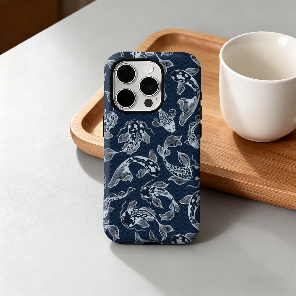 Navy Koi Fish Pattern IPhone17 Must-Haves Phone Case for IPhone 17 16 15 14 13 12 Pro Max Plus Double-layer Back Cover INS