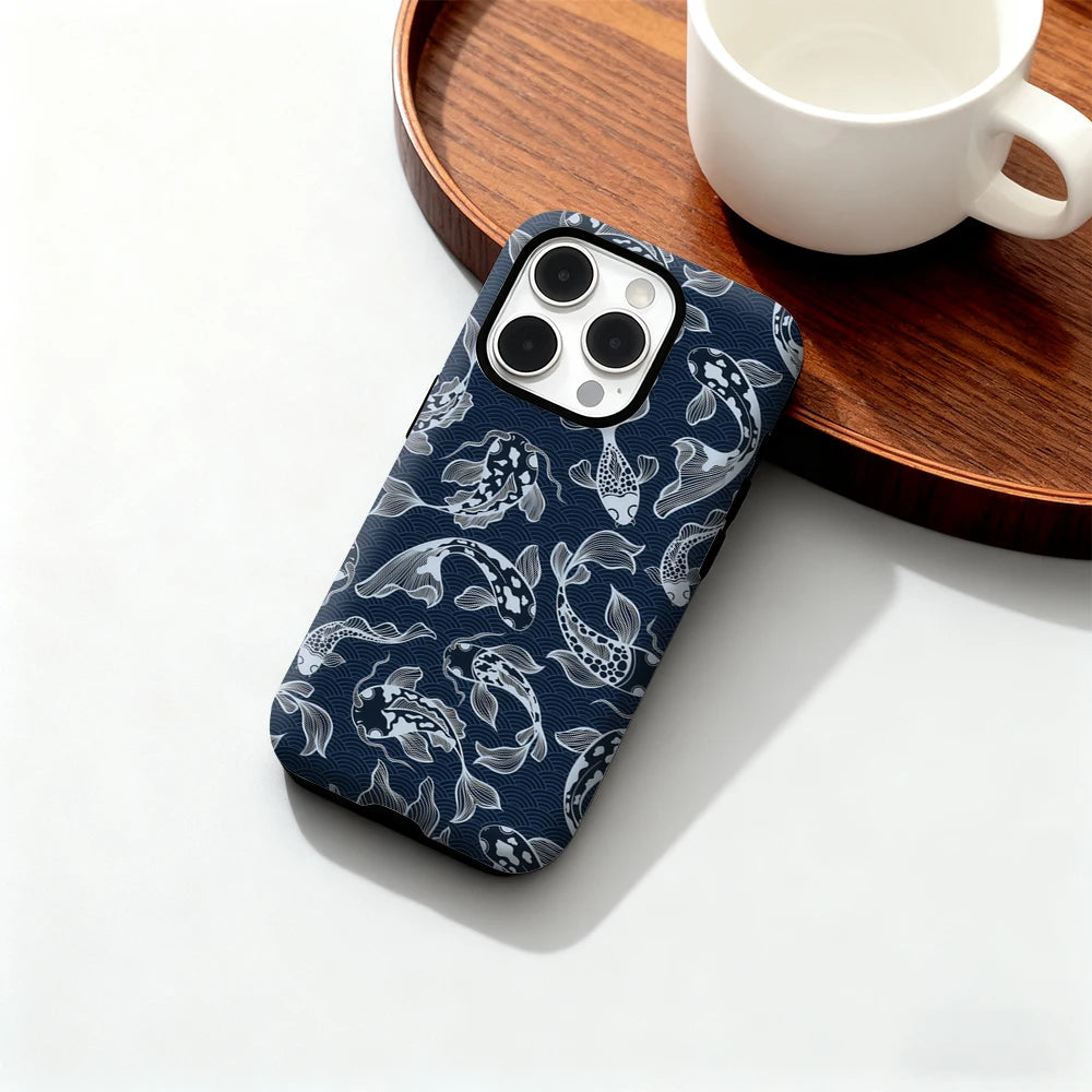 Navy Koi Fish Pattern IPhone17 Must-Haves Phone Case for IPhone 17 16 15 14 13 12 Pro Max Plus Double-layer Back Cover INS