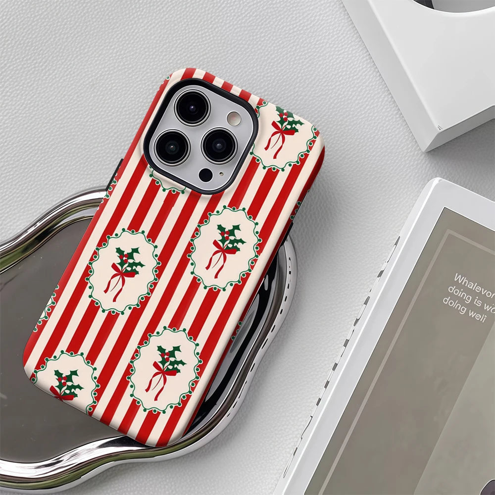 Christmas Holly Red White Stripes IPhone17 Must-Haves Phone Case for IPhone 17 16 15 14 13 Pro Max Plus Double-layer Back Cover