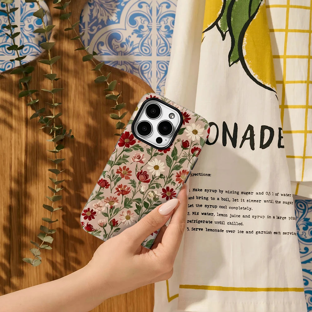 Red Flowers Retro Phone Case for IPhone 16 15 14 13 12 11 X XS XR XSMAX 7 8 Pro Max Plus Double-layer Back Cover