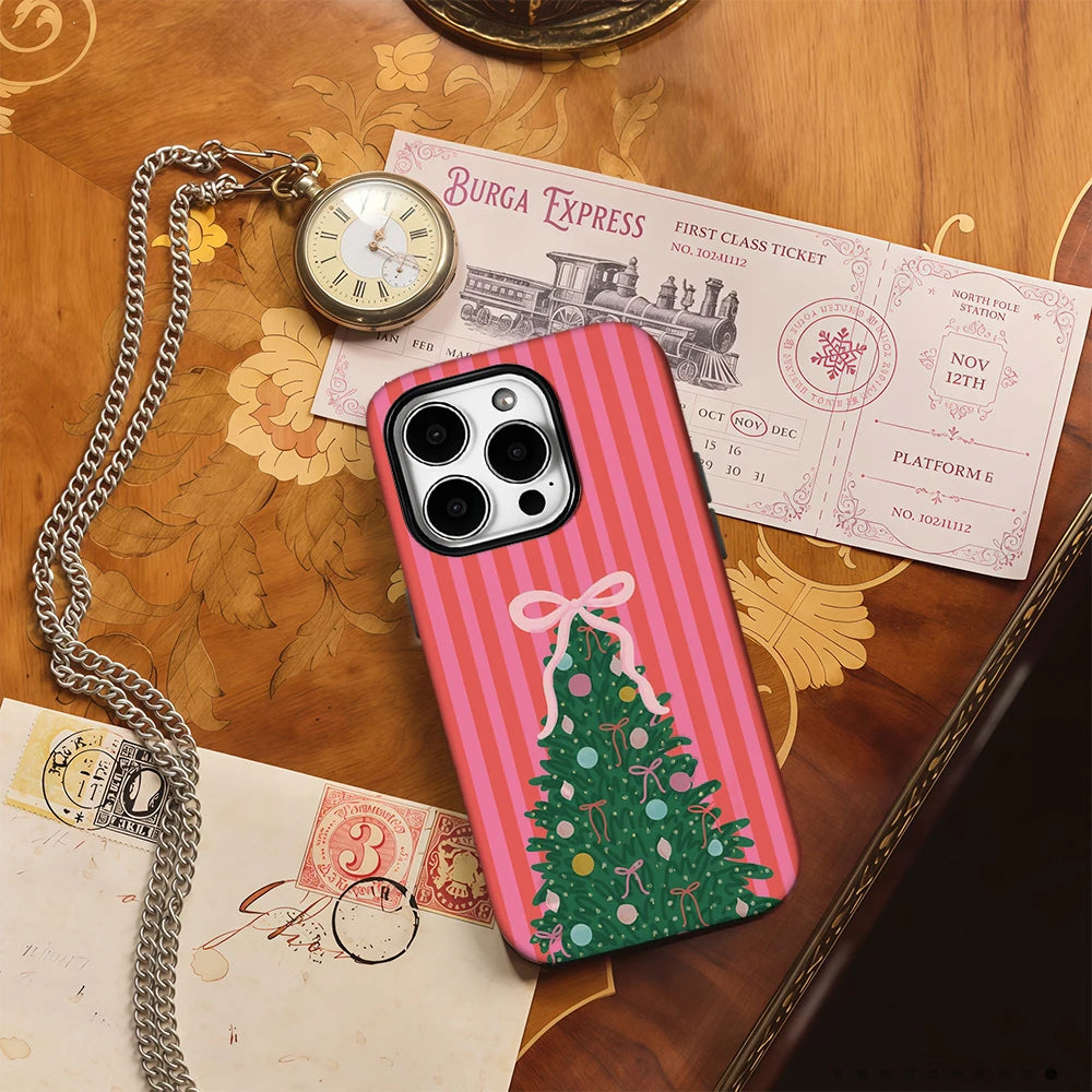 Red Striped Christmas Tree Phone Case for IPhone 16 15 14 13 12 11 X XS XR XSMAX 7 8 Pro Max Plus Double-layer Back Cover