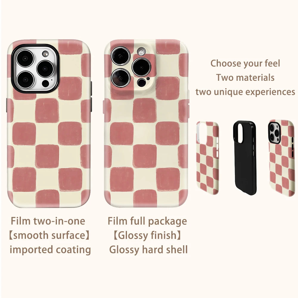 Blush Check Textured Phone Case for IPhone 17AIR 16E 16 15 14 13 12 11 17 Pro Max Plus Double-layer Back Cover