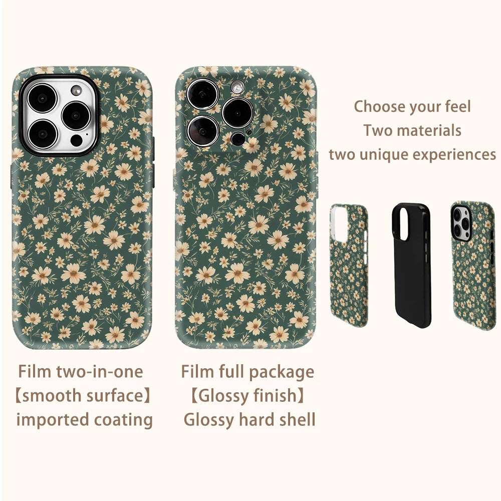 Small Green Flower Pattern Phone Case for IPhone 16 15 14 13 12 11 X XS XR XSMAX 7 8 Pro Max Plus Double-layer Back Cover