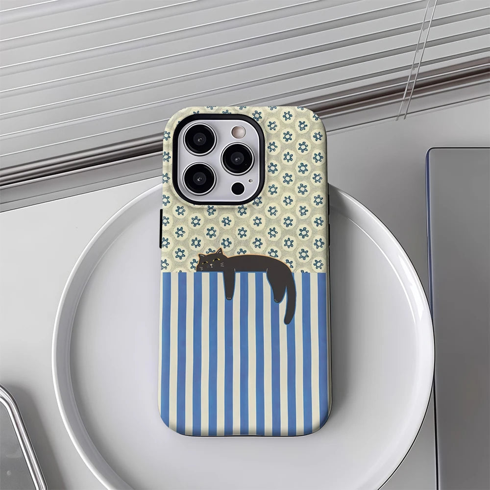 Cat with Blue and White Stripes IPhone17 Must-Haves Phone Case for IPhone 17 16 15 14 13 12 Pro Max Plus Double-layer Back Cover