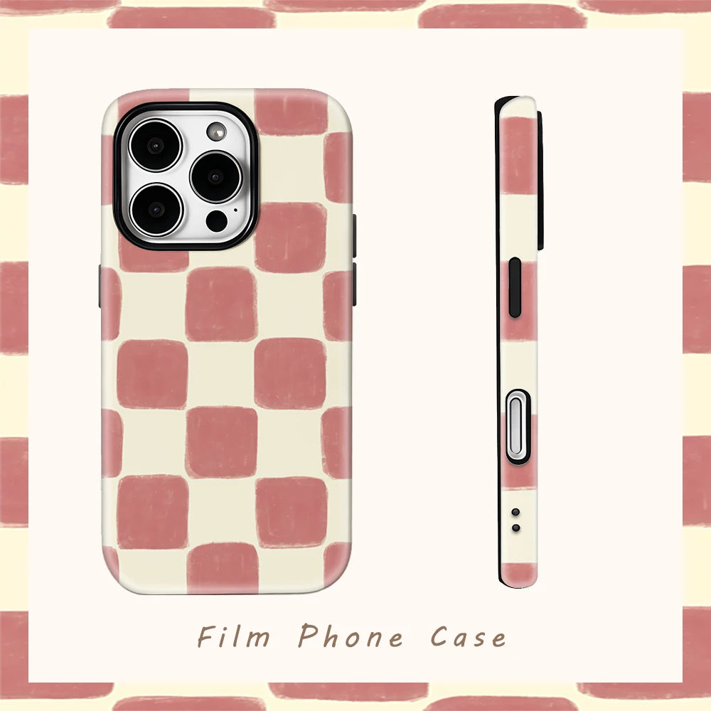 Blush Check Textured Phone Case for IPhone 17AIR 16E 16 15 14 13 12 11 17 Pro Max Plus Double-layer Back Cover