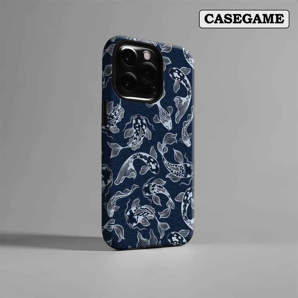 Navy Koi Fish Pattern IPhone17 Must-Haves Phone Case for IPhone 17 16 15 14 13 12 Pro Max Plus Double-layer Back Cover INS