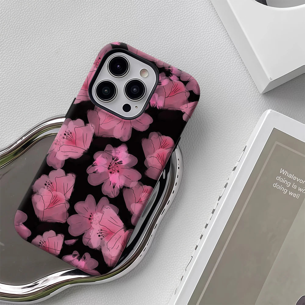 Pink Flowers on Black IPhone17 Must-Haves Phone Case for IPhone 17 16 15 14 13 12 Pro Max Plus Double-layer Back Cover