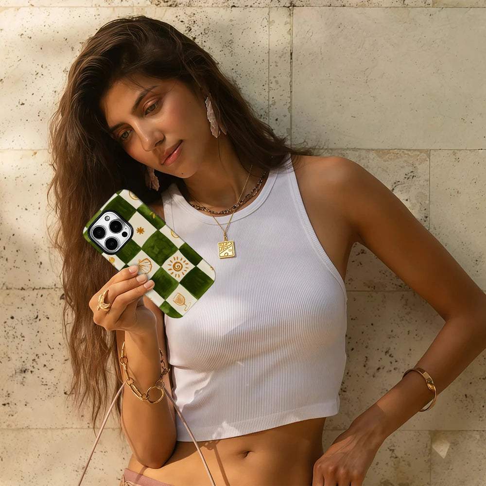 Green & Orange Check Phone Case for IPhone 17AIR 16E 16 15 14 13 12 11 17 Pro Max Plus Double-layer Back Cover