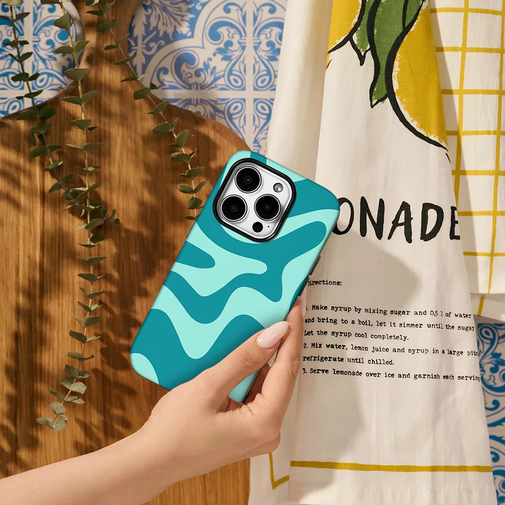 Blue Green Wave Pattern Phone Case for IPhone 16 15 14 13 12 11 X XS XR XSMAX 7 8 Pro Max Plus Double-layer Back Cover