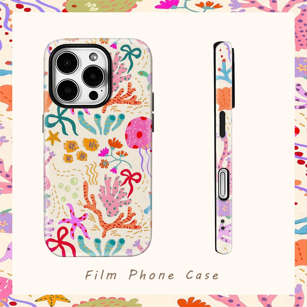 Colorful Sea Life Print Phone Case for IPhone 17AIR 16E 16 15 14 13 12 11 17 Pro Max Plus Double-layer Back Cover