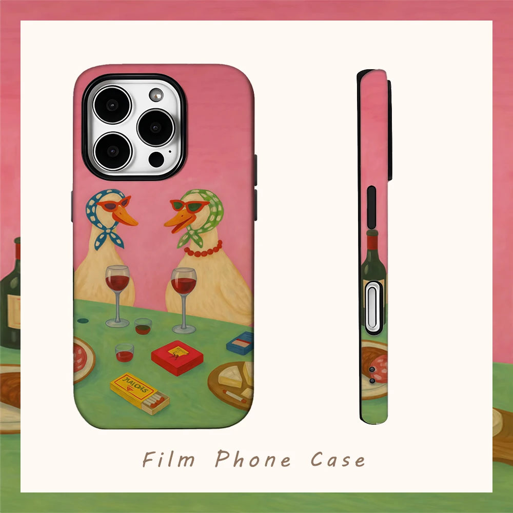 Pink Duck Wine Tasting Phone Case for IPhone 16 15 14 13 12 11 X XS XR XSMAX 7 8 Pro Max Plus Double-layer Back Cover