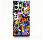 Colorful abstract patterned phone case with branding on a white background