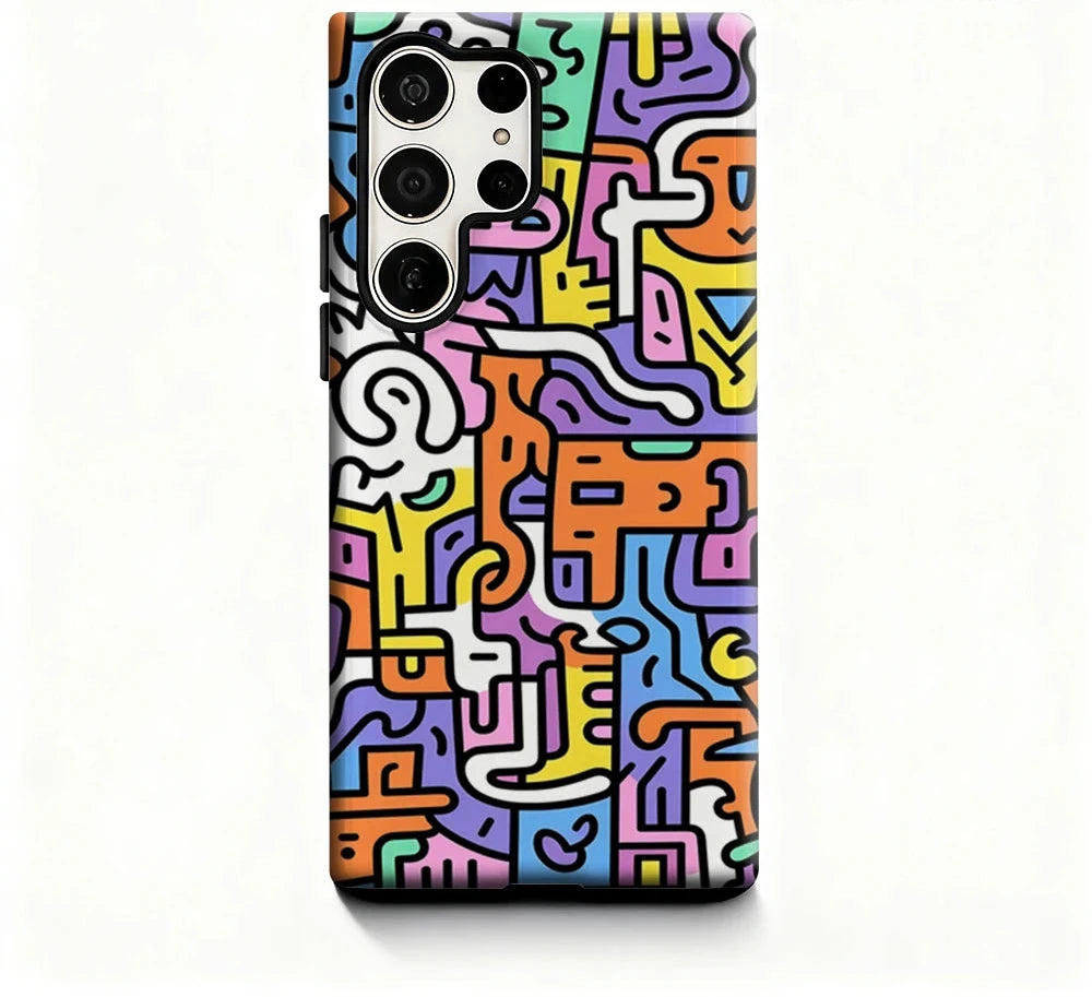 Colorful abstract patterned phone case with branding on a white background