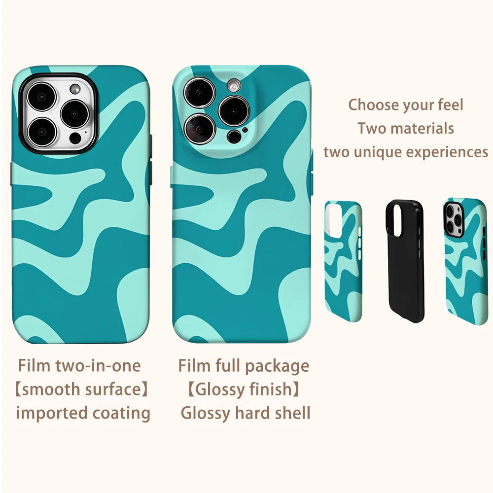 Blue Green Wave Pattern Phone Case for IPhone 16 15 14 13 12 11 X XS XR XSMAX 7 8 Pro Max Plus Double-layer Back Cover