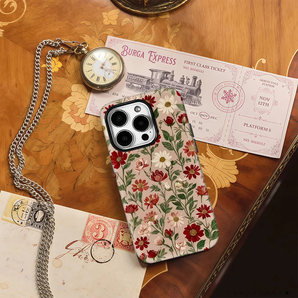 Red Flowers Retro Phone Case for IPhone 16 15 14 13 12 11 X XS XR XSMAX 7 8 Pro Max Plus Double-layer Back Cover