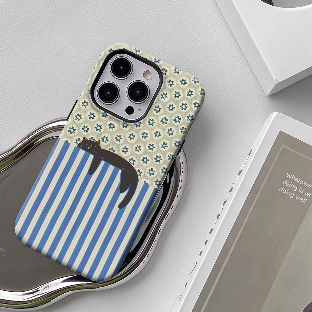Cat with Blue and White Stripes IPhone17 Must-Haves Phone Case for IPhone 17 16 15 14 13 12 Pro Max Plus Double-layer Back Cover