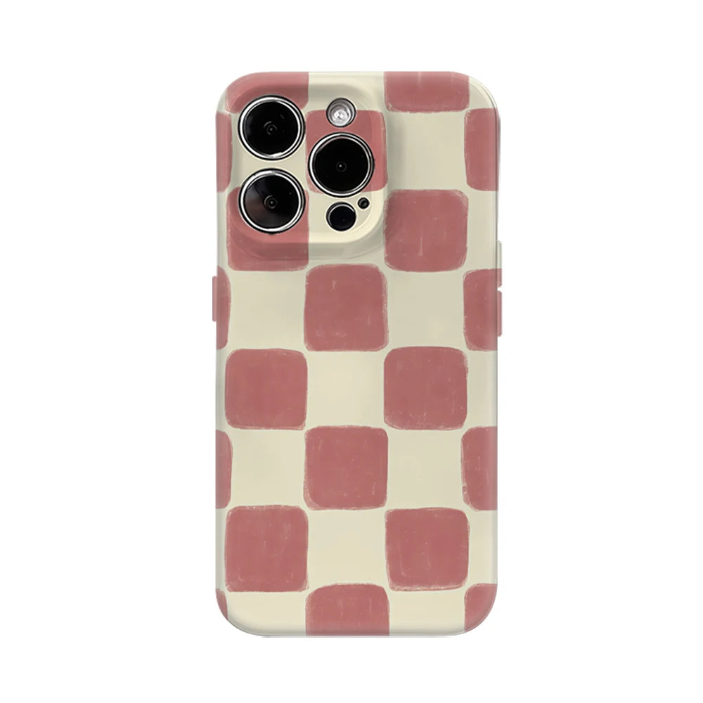 Blush Check Textured Phone Case for IPhone 17AIR 16E 16 15 14 13 12 11 17 Pro Max Plus Double-layer Back Cover