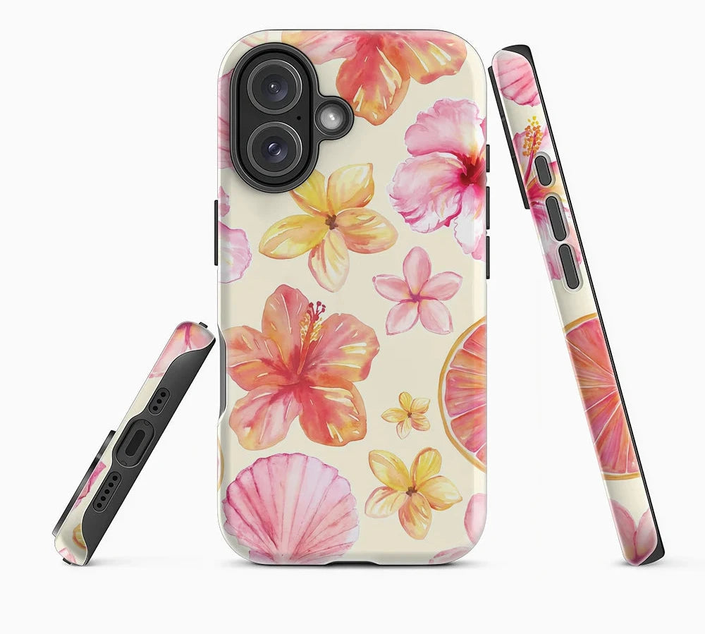 Floral phone case with pink and yellow flowers on a white background, featuring the BIOCASE brand. Main image