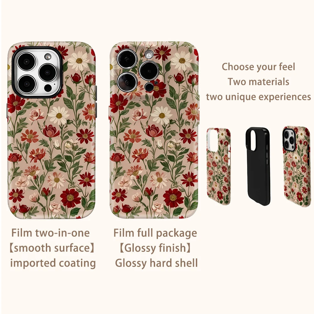 Red Flowers Retro Phone Case for IPhone 16 15 14 13 12 11 X XS XR XSMAX 7 8 Pro Max Plus Double-layer Back Cover