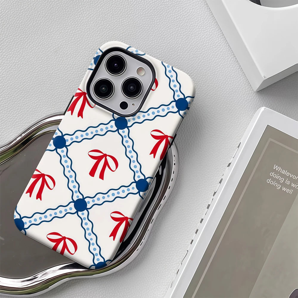 Red and Blue Bow Checkerboard IPhone17 Must-Haves Phone Case for IPhone 17 16 15 14 13 12 Pro Max Plus Double-layer Back Cover