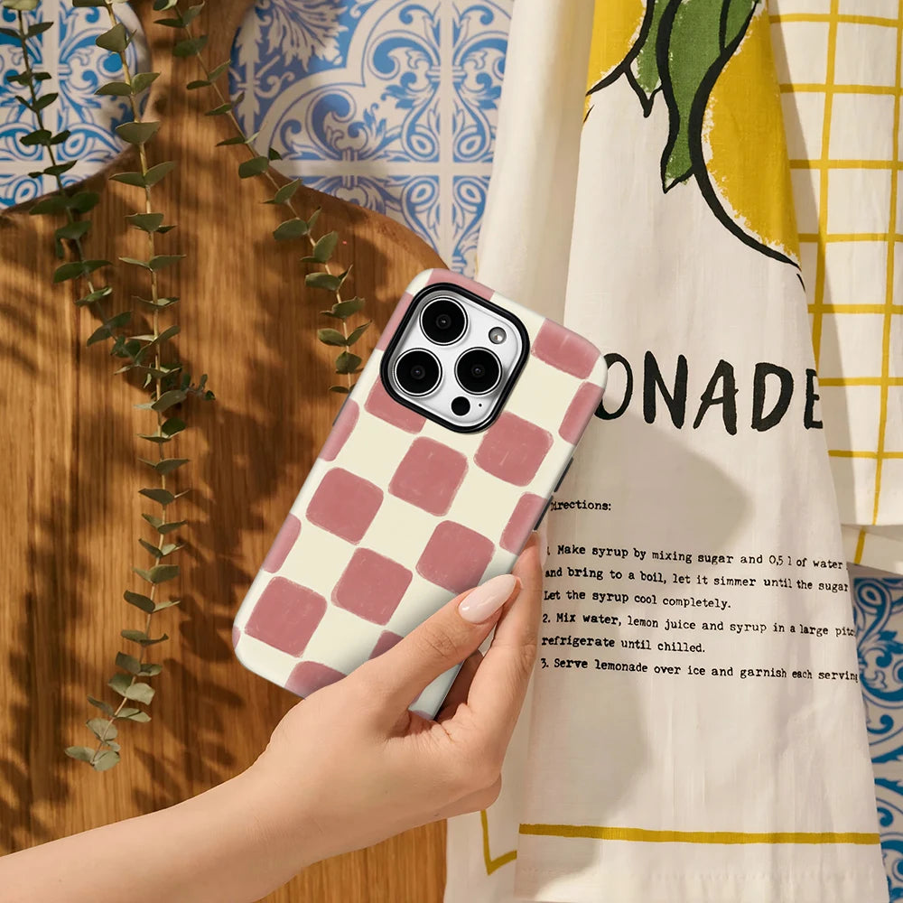 Blush Check Textured Phone Case for IPhone 17AIR 16E 16 15 14 13 12 11 17 Pro Max Plus Double-layer Back Cover