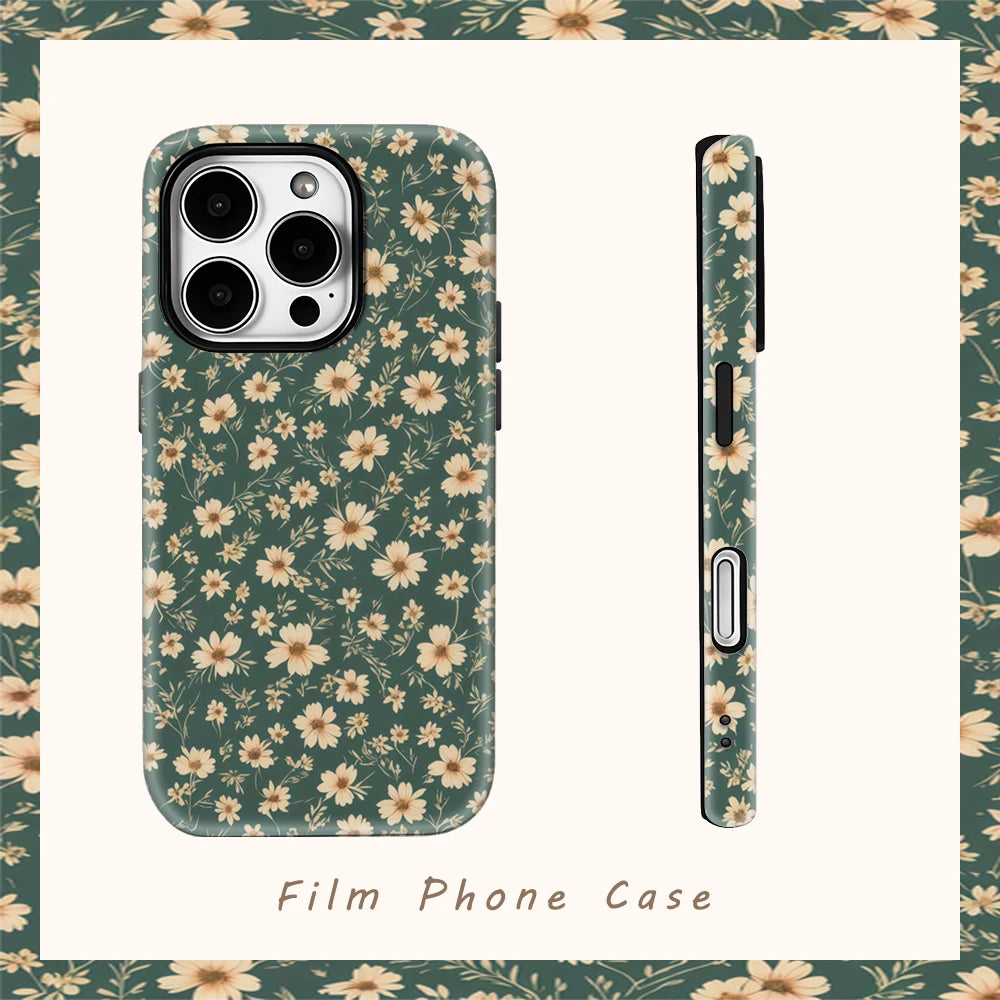 Small Green Flower Pattern Phone Case for IPhone 16 15 14 13 12 11 X XS XR XSMAX 7 8 Pro Max Plus Double-layer Back Cover