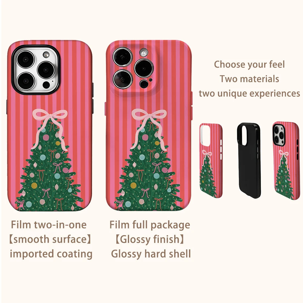 Red Striped Christmas Tree Phone Case for IPhone 16 15 14 13 12 11 X XS XR XSMAX 7 8 Pro Max Plus Double-layer Back Cover