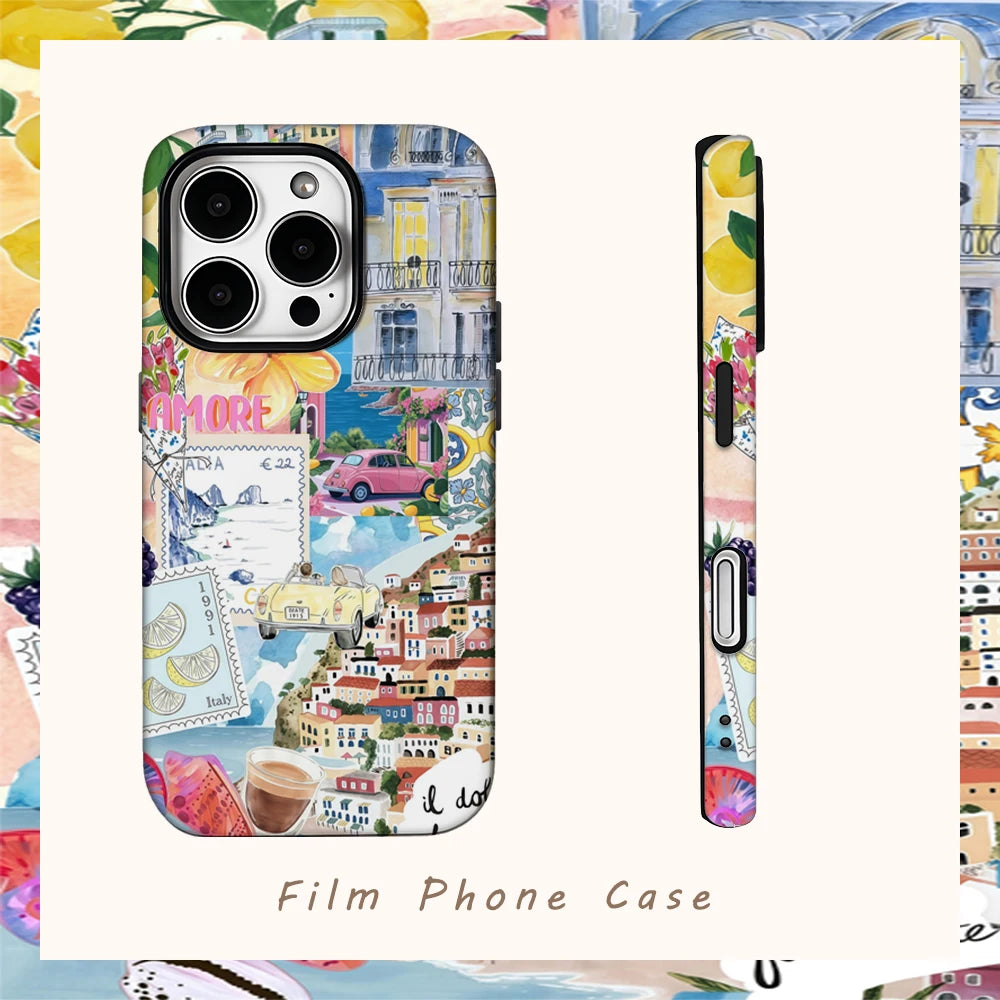 Italian Town Walk Phone Case for IPhone 16 15 14 13 12 11 X XS XR XSMAX 7 8 Pro Max Plus Double-layer Back Cover