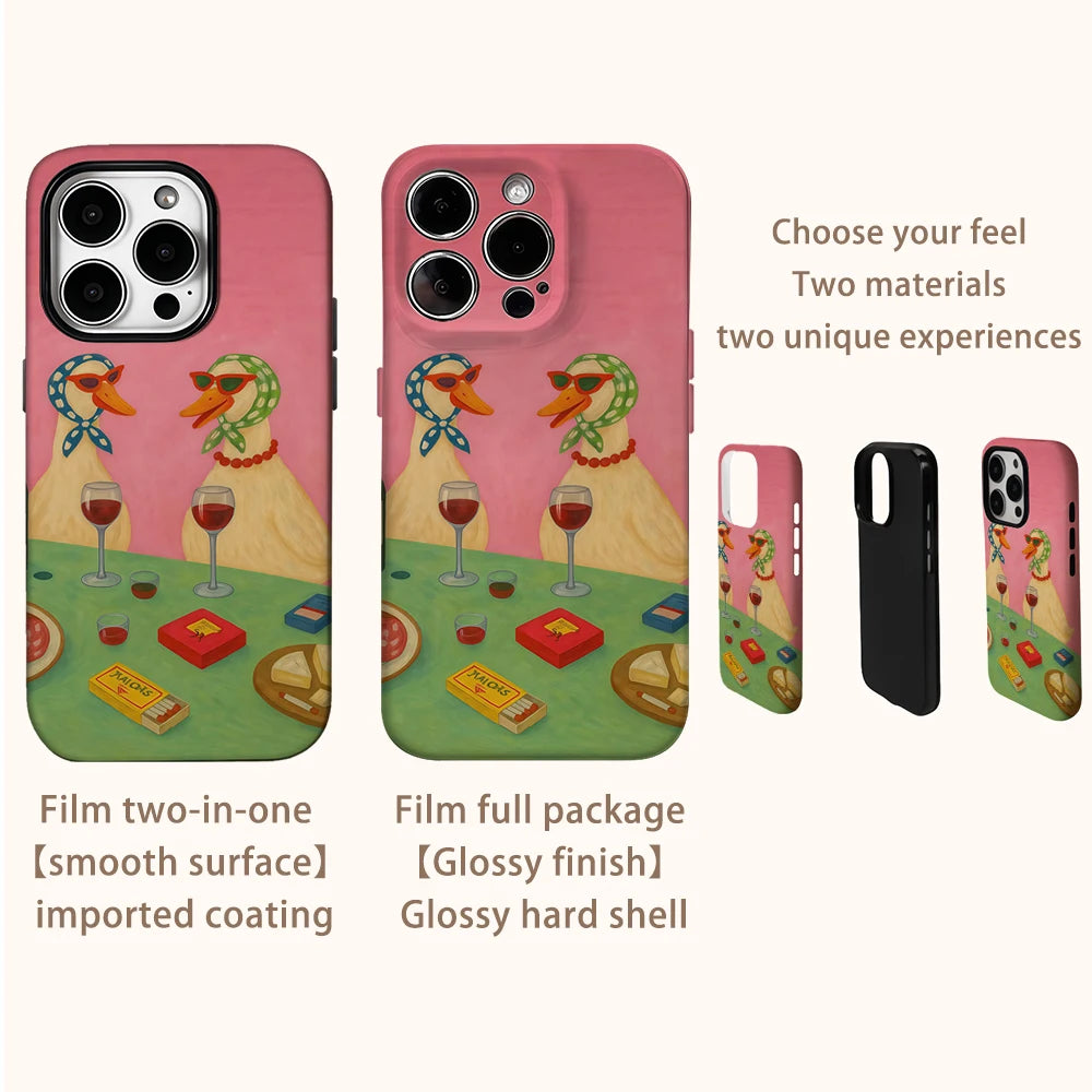 Pink Duck Wine Tasting Phone Case for IPhone 16 15 14 13 12 11 X XS XR XSMAX 7 8 Pro Max Plus Double-layer Back Cover