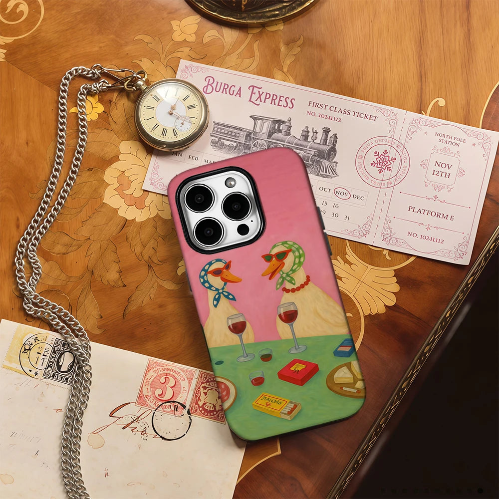 Pink Duck Wine Tasting Phone Case for IPhone 16 15 14 13 12 11 X XS XR XSMAX 7 8 Pro Max Plus Double-layer Back Cover