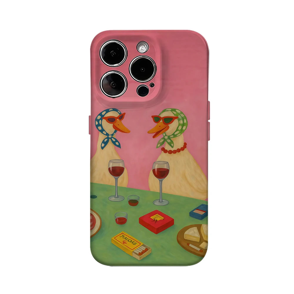 Pink Duck Wine Tasting Phone Case for IPhone 16 15 14 13 12 11 X XS XR XSMAX 7 8 Pro Max Plus Double-layer Back Cover