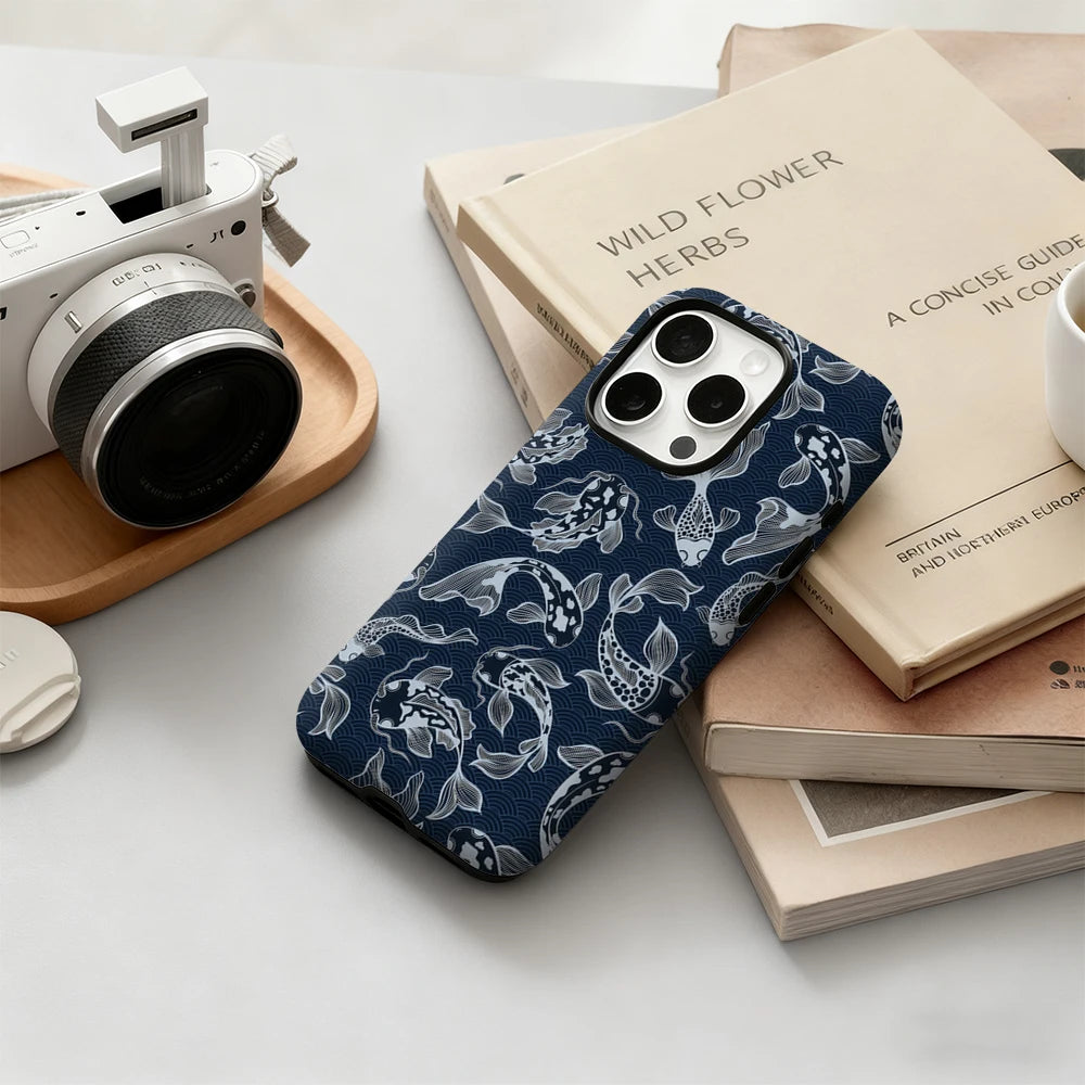 Navy Koi Fish Pattern IPhone17 Must-Haves Phone Case for IPhone 17 16 15 14 13 12 Pro Max Plus Double-layer Back Cover INS