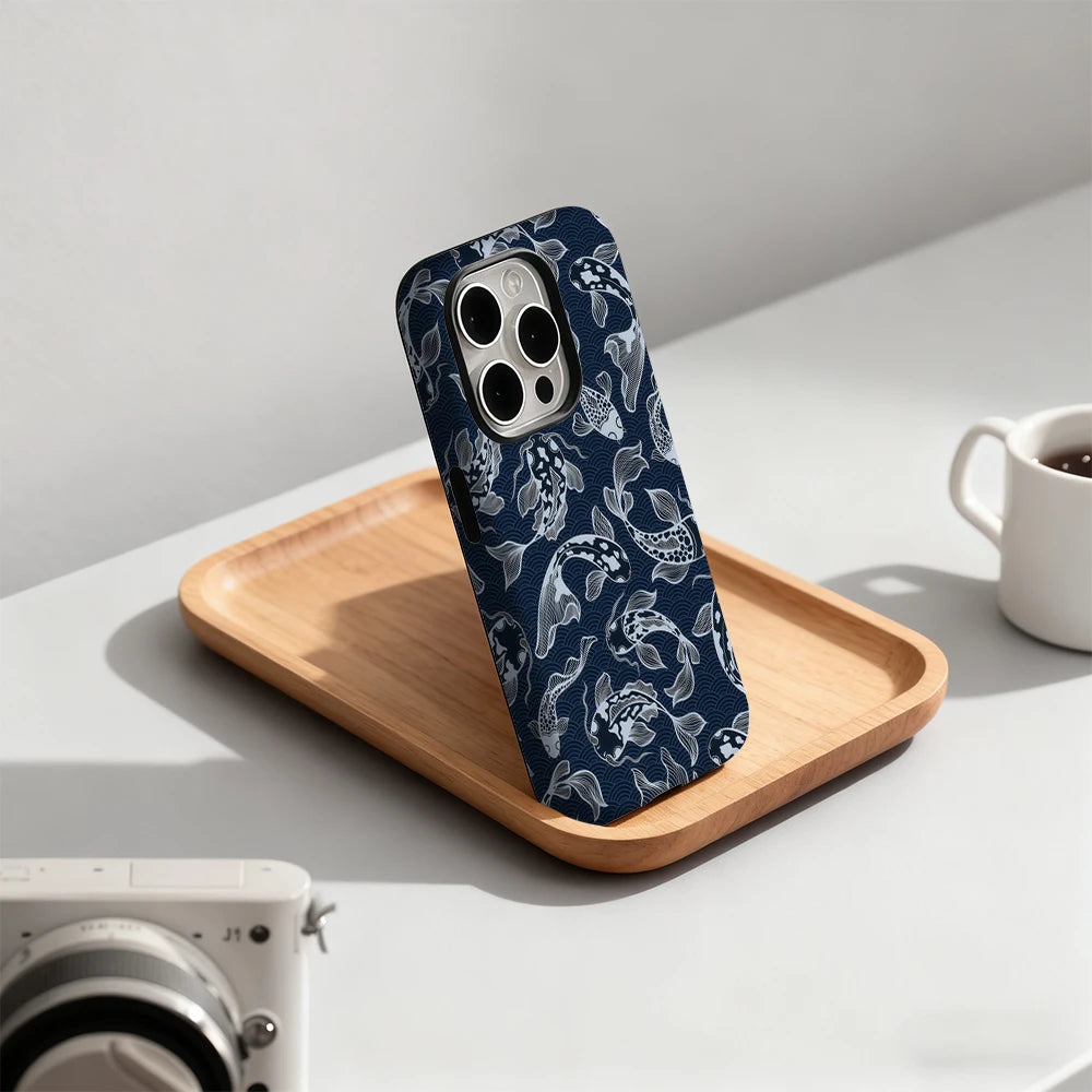 Navy Koi Fish Pattern IPhone17 Must-Haves Phone Case for IPhone 17 16 15 14 13 12 Pro Max Plus Double-layer Back Cover INS