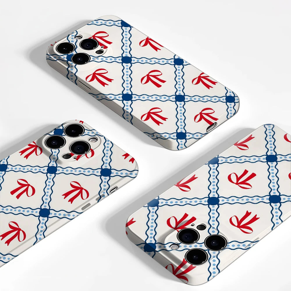 Red and Blue Bow Checkerboard IPhone17 Must-Haves Phone Case for IPhone 17 16 15 14 13 12 Pro Max Plus Double-layer Back Cover