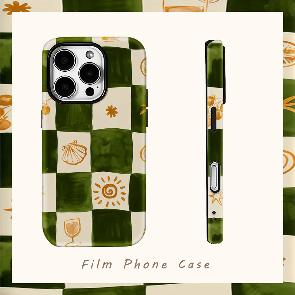 Green & Orange Check Phone Case for IPhone 17AIR 16E 16 15 14 13 12 11 17 Pro Max Plus Double-layer Back Cover